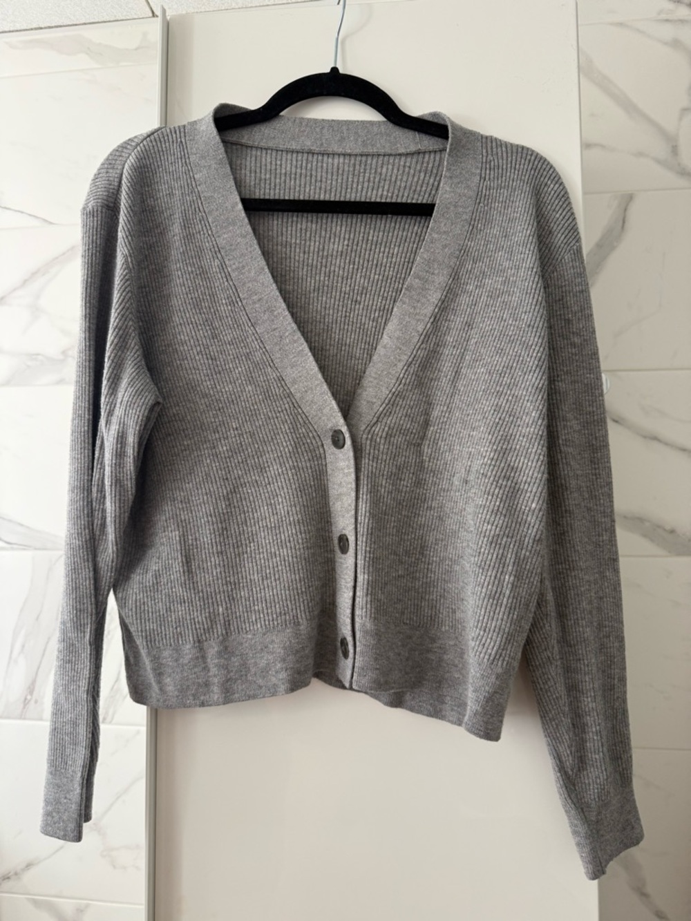 Uniqlo Grey Ribbed V-Neck Button Cardigan Sweater